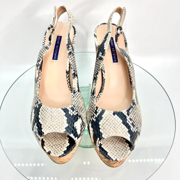 Stuart Weitzman Jean Slingback Wedge Sandals Cork Snake Print Peep Toe - Picture 3 of 10
